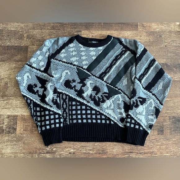 80s Vintage Sweater B&W Pattern Faux Leather Patchwork